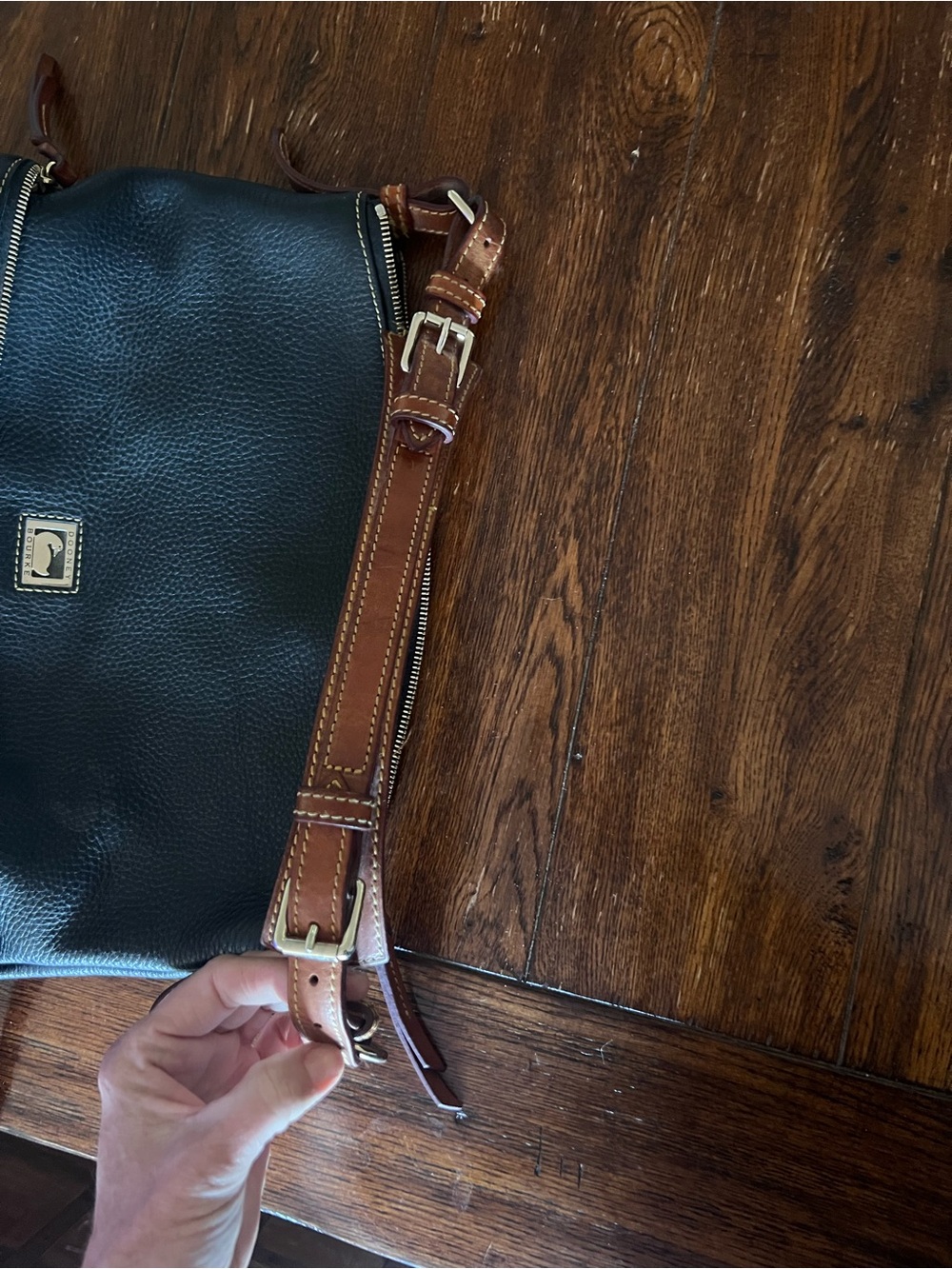 Dooney & Bourke Black large Dillen Leather Hobo Bag with Brown Strap - Picture 3 of 10